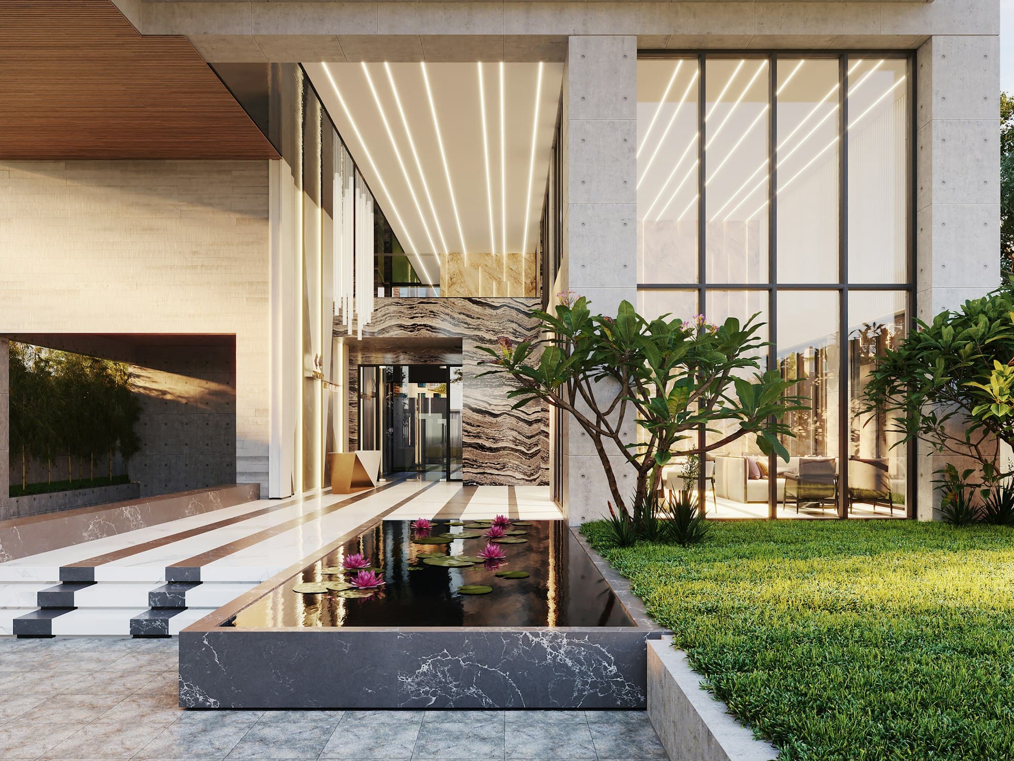 Modern building entrance with a reflecting water feature and lush planting